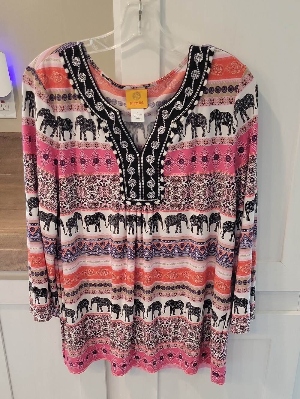 Ruby Rd. Pink & Orange Elephant Print Tunic with Black Embellished V-Neck